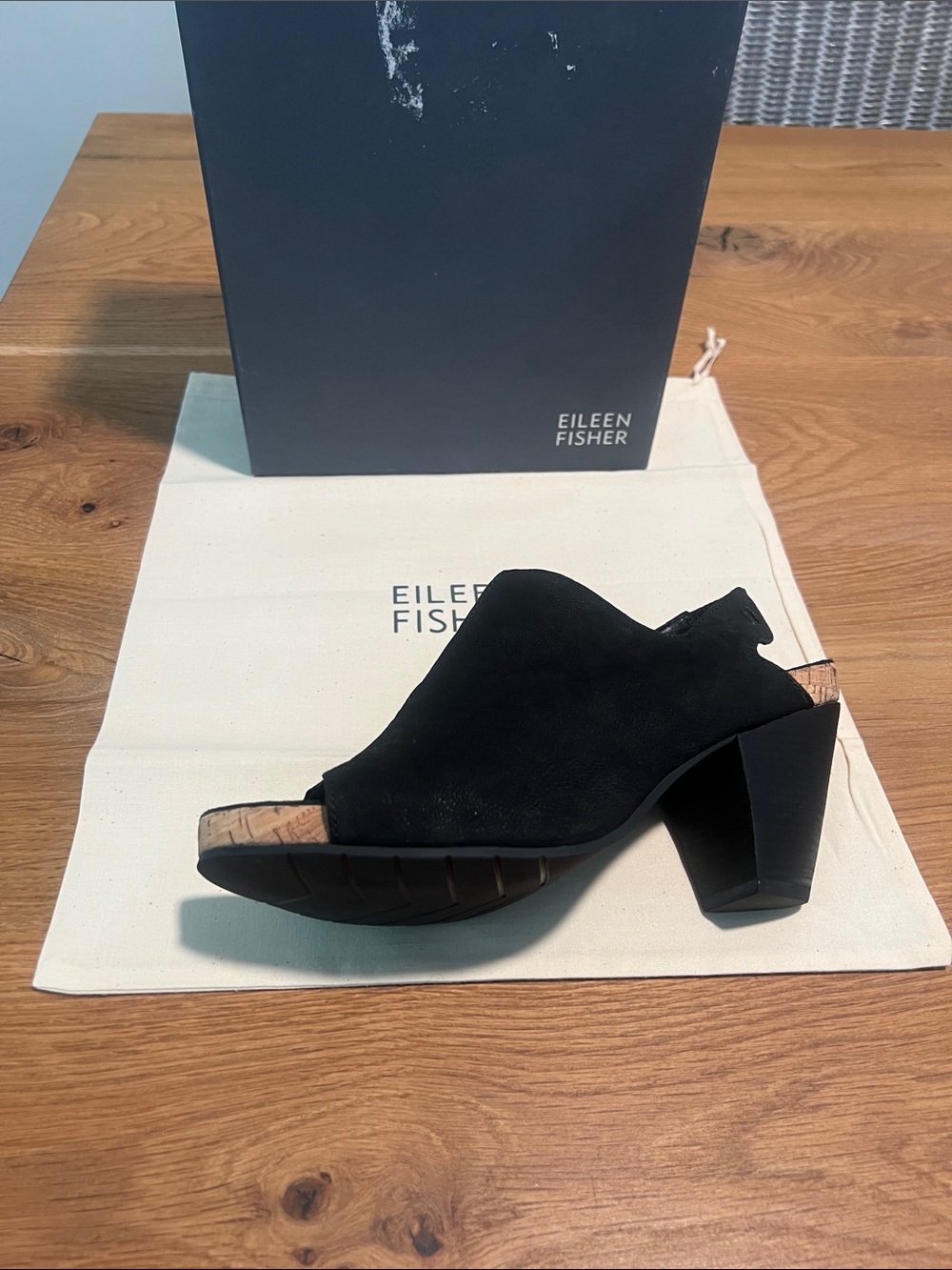 Eileen Fisher Cone Black Nubuck Peep Toe Slingback Block Heel Sandals 8